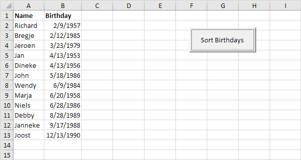 在Excel VBA中对生日排序