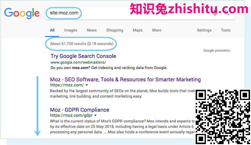 Google的site：moz.com搜索的屏幕截图，显示在搜索框下方。