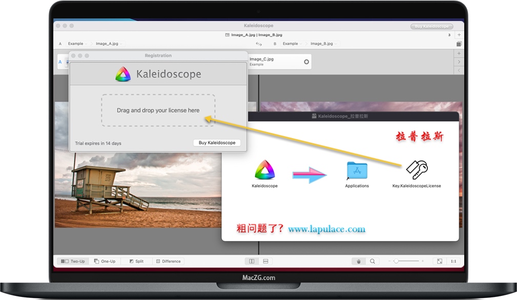 将软件包中的 Key.KaleidoscopeLicense 文件拖拽到注册窗口中