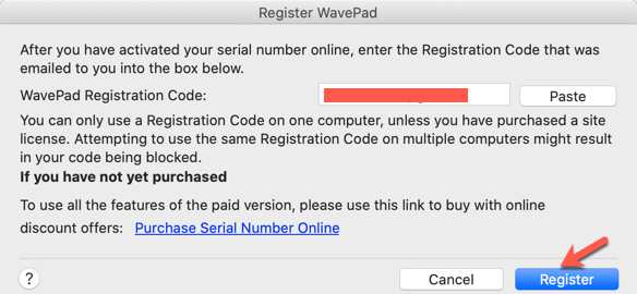 知识兔点击Register WavePad 界面的“Paste”按钮粘贴上去激活信息，最后知识兔点击“Register”按钮即可。