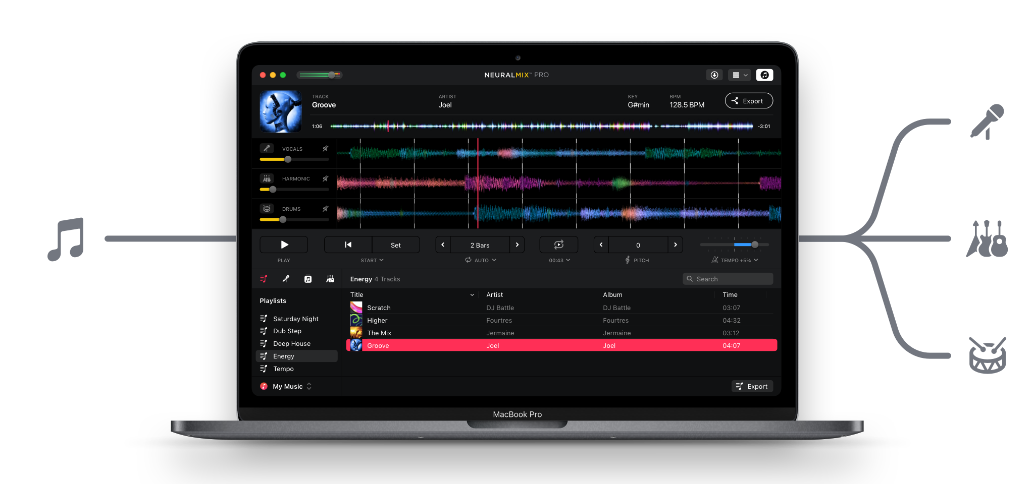 Algoriddim Neural Mix Pro 1.1.1 Mac 破解版 歌曲的节拍，乐器和人声部分提取工具